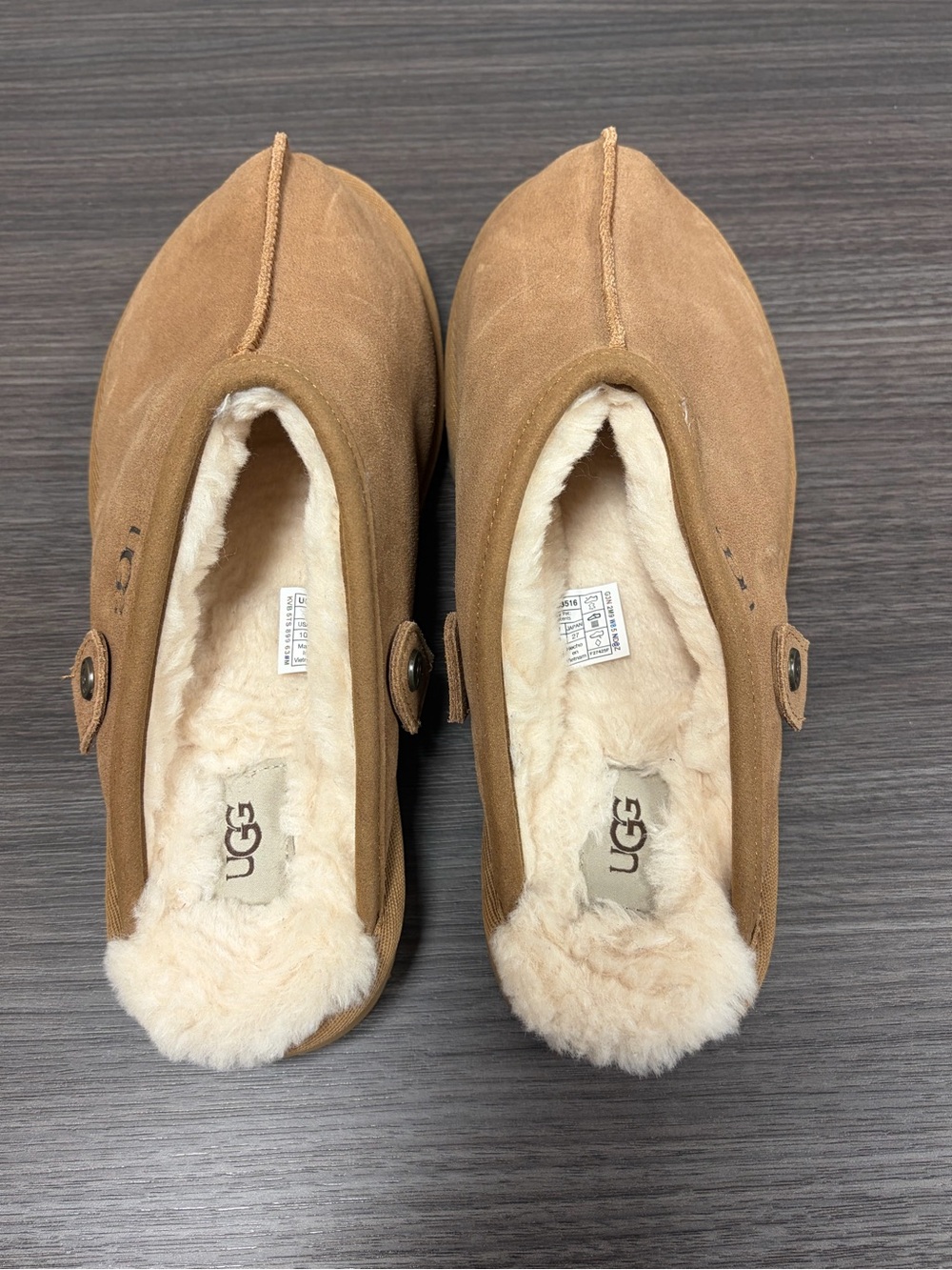 UGG Unisex classic Chestnut Suede Sheepskin Slip-Ons with Button Accent